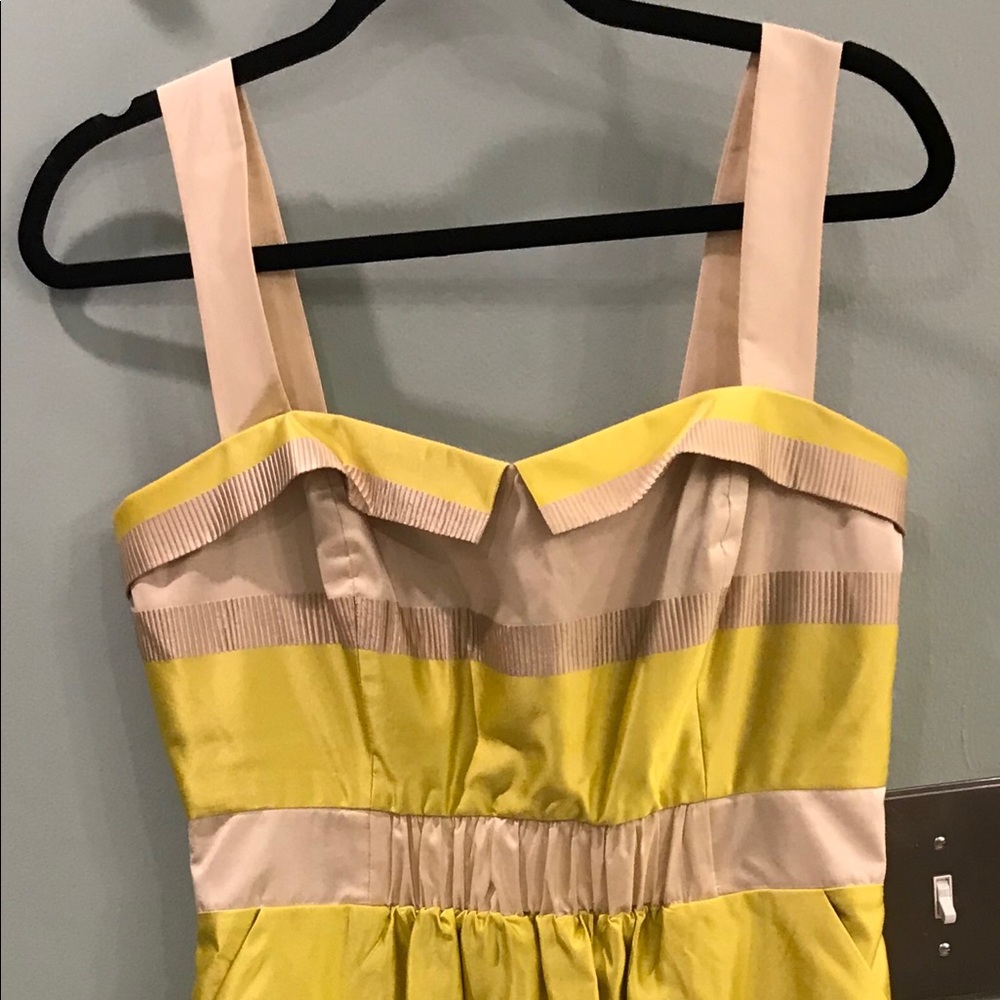 Yellow and cream silk cocktail dress with pockets